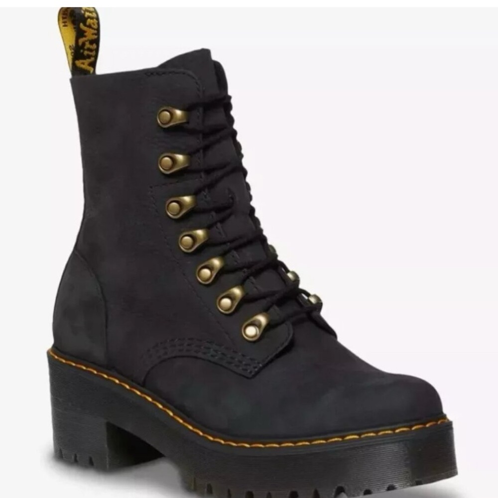 New Dr Martens Women's Leona Nubuck Leather Platform Lace Up Boots Size 10 Black